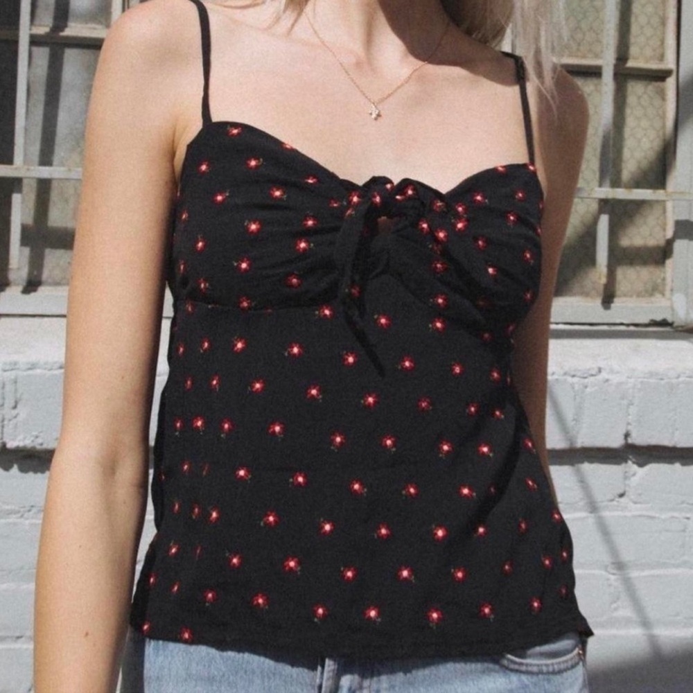 Brandy Melville Black Front Tie Bow Embroidered Red Floral Babydoll Tank Top